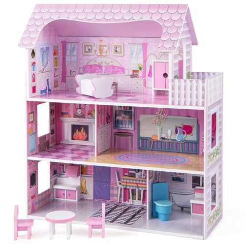 COSTWAY Puppenhaus aus Holz, Puppenstube mit Möbeln und Zubehör, Große Puppenvilla 3 Etagen, Dollhouse Spielzeug für Mädchen von COSTWAY