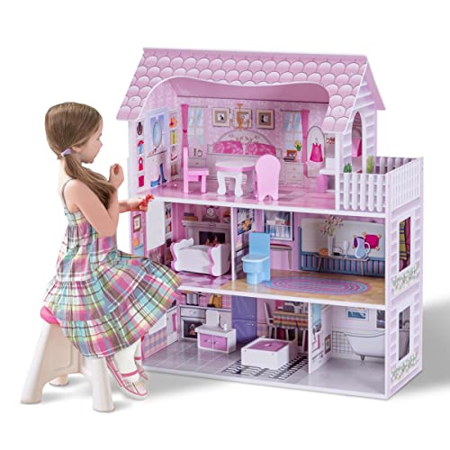 COSTWAY Puppenhaus aus Holz, Puppenstube mit Möbeln und Zubehör, Puppenvilla 3 Etagen, Dollhouse Spielzeug für Mädchen von COSTWAY