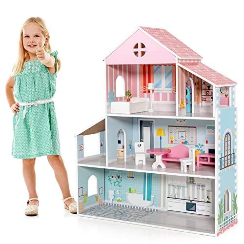 COSTWAY Puppenhaus aus Holz, Spielset mit Möbel und Zubehör, Puppenvilla Puppenstube für Mädchen ab 2 Jahre, 71 x 23,5 x 87 cm von COSTWAY