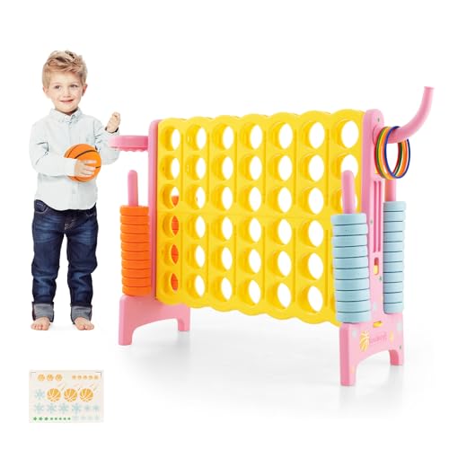 COSTWAY Riesiges 4 Gewinnt Spielset mit Basketballkorb und Wurfspiel, inkl. 42 Jumbo Ringen und Schieberegler zum schnellen Neustart, Vier in Einer Reihe Spiel groß (Rosa) von COSTWAY