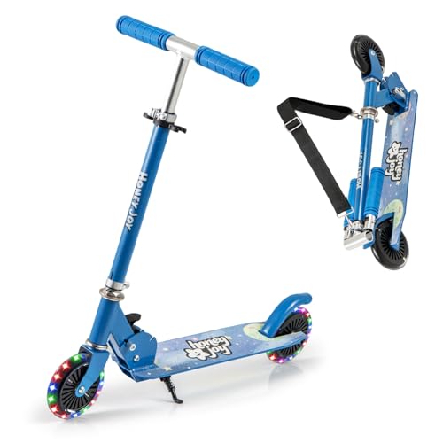 COSTWAY Roller Kinder klappbar, Kinderroller mit LED-Räder, Lenker, Ständer & Tragegurt, Scooter höhenverstellbar, Tretroller Cityroller Kickscooter für Jungen & Mädchen ab 3 Jahren (Blau) von COSTWAY