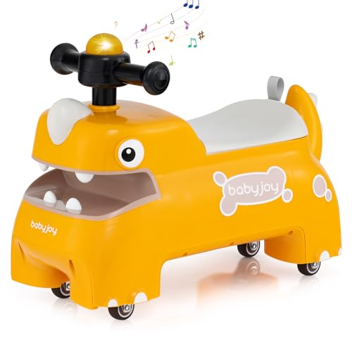 COSTWAY Rutschauto, Rutschfahrzeug mit Stauraum unter dem Sitz, Dinosaurier Schiebauto mit Lichter & Musik & Hupe, Rutscher Auto für Kinder ab 1 Jahr (Gelb) von COSTWAY