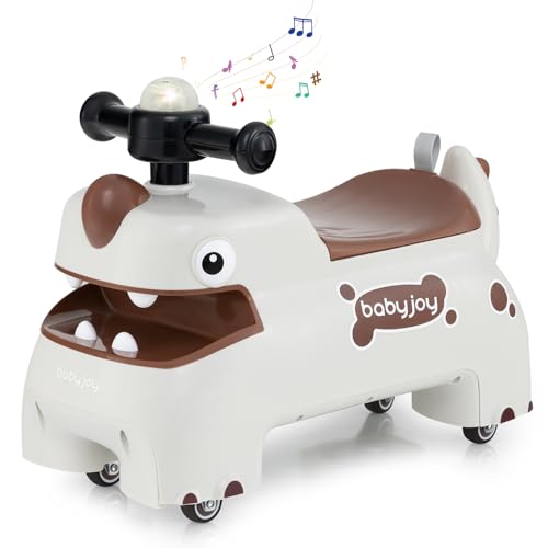 COSTWAY Rutschauto, Rutschfahrzeug mit Stauraum unter dem Sitz, Dinosaurier Schiebauto mit Lichter & Musik & Hupe, Rutscher Auto für Kinder ab 1 Jahr (Weiß) von COSTWAY