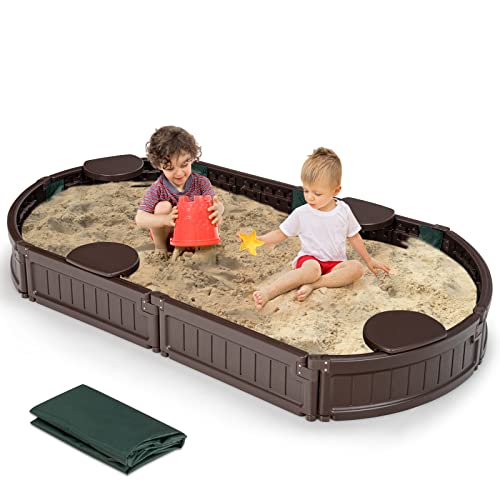 COSTWAY Sandbox Sandkasten mit wasserdichter Abdeckung und Bodenauskleidung, Outdoor Sandkiste Platz für 4 Kinder 183x105x21cm von COSTWAY
