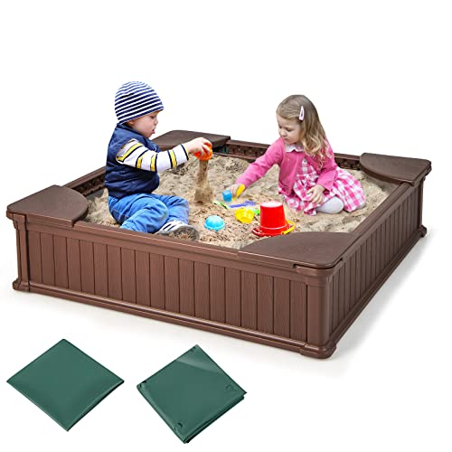 COSTWAY Sandkasten, Kinder Sandbox 123,5x123,5x31,5cm mit 4 integrierten Sitzen, Sandkiste HDPE quadratisch für Garten, Rasen (Braun) von COSTWAY