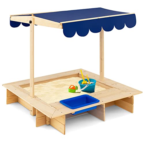 COSTWAY Sandkasten aus Holz, Sandbox mit verstellbarem Dach & seitlicher Eimer, bodenloses Design, Sandkiste für Kinder 115 x 115 x 121 cm von COSTWAY