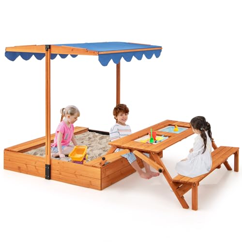 COSTWAY Sandkasten mit Klappbarer Sitzbank & Picknicktisch, 120x120 cm Sandbox mit Verstellbares Sonnendach & 2 Waschbecken, Deckel & Plane, 3 in 1 Sandkiste Holz für Kinder ab 3 Jahren von COSTWAY