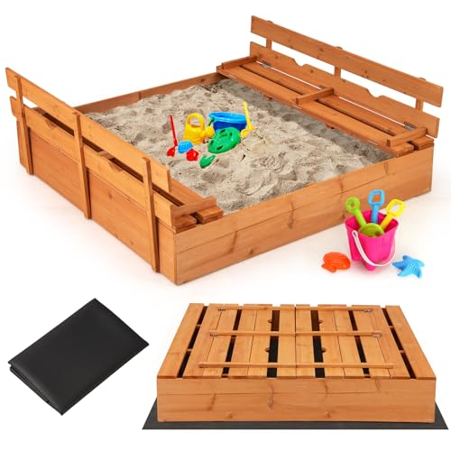COSTWAY Sandkasten mit Sitzbänken, 120x120 cm Sandkiste Holz, Sandbox mit Deckel & Bodenvlies, Kinder Sandkasten Outdoor, für Garten, Balkon, Terrasse von COSTWAY