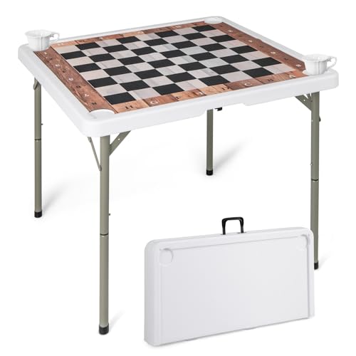 COSTWAY Schachtisch klappbar, 90 x 90 cm Schachspiel mit abnehmbarem Tischmatte & 4 Getränkehaltern, Schachbrett tragbar mit Tragegriff für Kinder Erwachsene Party Reisen von COSTWAY