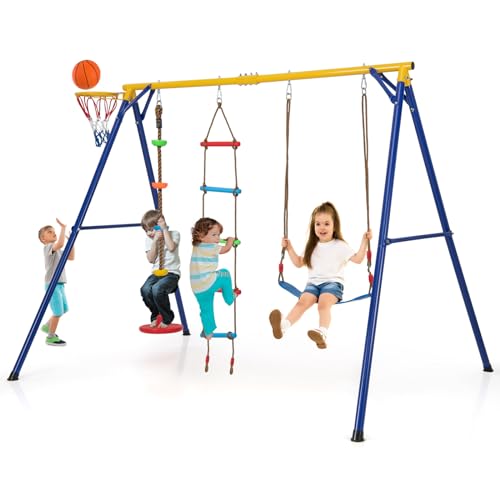COSTWAY Schaukelgestell mit elastischer Schaukel, Tellerschaukel, Kletterleiter & Basketballkorb, 4-in-1-Schaukelset für Kinder, Schaukelgerüst für Outdoor COSTWAY Schaukelgestell mit elastischer Schaukel, Tellerschaukel, Kletterleiter & Basketballkorb, 4-in-1-Schaukelset für Kinder, Schaukelgerüst für Outdoor von COSTWAY