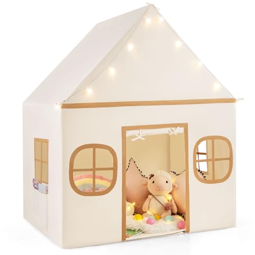 COSTWAY Spielhaus Kinder Indoor, Kinderzelt mit Sternlichter & Gepolsterte Matte, Spielzelt mit Türvorhang & Fenstern, Kinderspielhaus für Jungen & Mädchen ab 3 Jahren (Beige + Braun) von COSTWAY