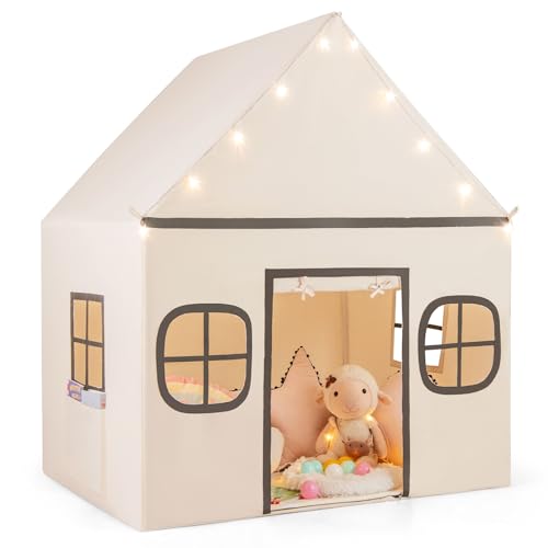 COSTWAY Spielhaus Kinder Indoor, Kinderzelt mit Sternlichter & Gepolsterte Matte, Spielzelt mit Türvorhang & Fenstern, Kinderspielhaus für Jungen & Mädchen ab 3 Jahren (Beige + Schwarz) von COSTWAY