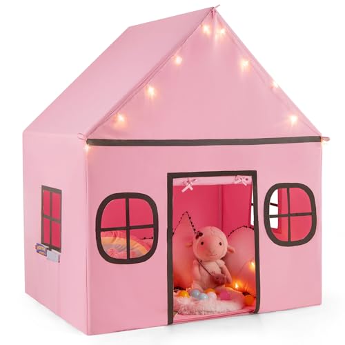 COSTWAY Spielhaus Kinder Indoor, Kinderzelt mit Sternlichter & Gepolsterte Matte, Spielzelt mit Türvorhang & Fenstern, Kinderspielhaus für Jungen & Mädchen ab 3 Jahren (Rosa + Schwarz) von COSTWAY