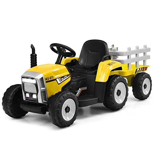 COSTWAY Traktor mit Aufsitzanhänger für Kinder 12 V, ferngesteuerter elektrischer Traktor, mit Lichtern und Geräuschen, 30 kg, 3 Jahre (Gelb) von COSTWAY