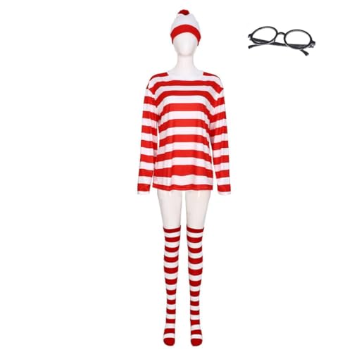 COSUNION Wally-Kostüm-Set für Damen, gestreift, Rot und Weiß, gestreift, Halloween, 4-teilig, Größe XXL von COSUNION