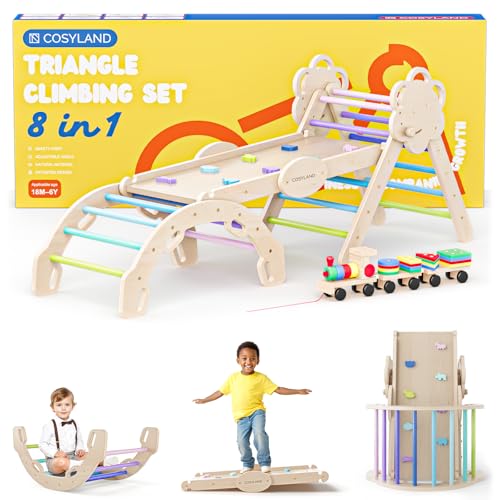 COSYLAND Klettergerüst Indoor L - Montessori Indoor Spielset mit Kletterbogen & Rutsche -8-in-1 Massivholz-Spielplatz - Kletterbogen ab 1 Jahr - Kühle Farbtöne von COSYLAND