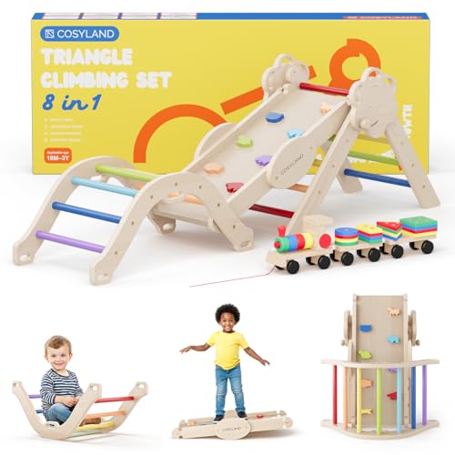 COSYLAND Klettergerüst Indoor M – Großes Kletterdreieck Set mit Kletterbogen & Rutsche – 8-in-1 Massivholz-Spielplatz für Kinder ab 18 Monaten – Regenbogenfarben von COSYLAND