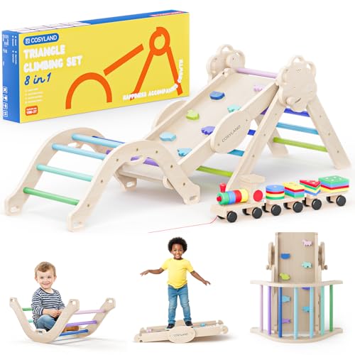 COSYLAND Klettergerüst Indoor M - Montessori Indoor Spielset mit Kletterbogen & Rutsche -8-in-1 Massivholz-Spielplatz - Kletterbogen ab 1 Jahr - Kühle Farbtöne von COSYLAND