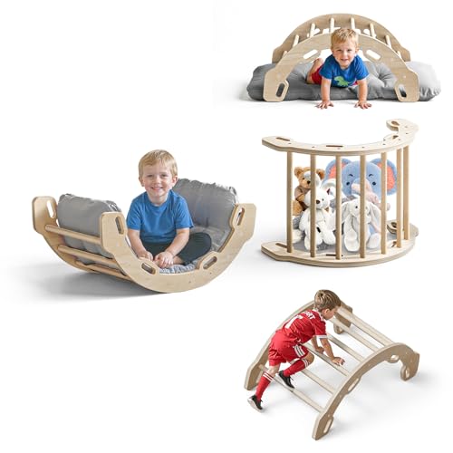 COSYLAND Montessori Kletterbogen mit Kissen, Kletterbogen ab 1 Jahr, Holzwippe für Kinder, Motorik-Spielzentrum für Babys, Indoor-Bogenwippe aus Holz von COSYLAND