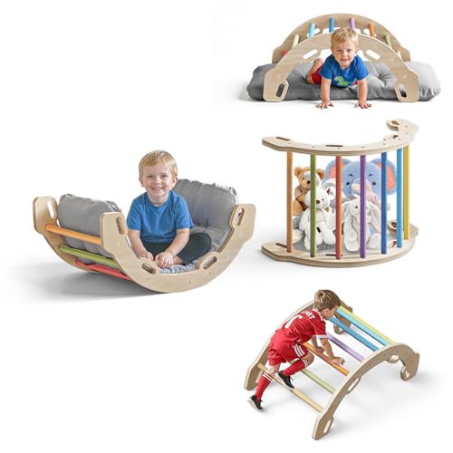 COSYLAND Montessori Kletterbogen mit Kissen, Kletterbogen ab 1 Jahr, Holzwippe für Kinder, Motorik-Spielzentrum für Babys, Indoor-Regenbogenwippe von COSYLAND