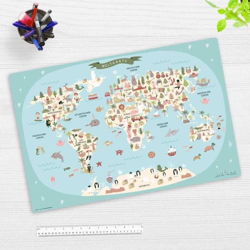 COVER-YOUR-DESK Schreibtischunterlage 60 x 40 cm, Themenwelten Weltkarten, coveryourdesk Designs Weltkarte in blau mit Tieren in deutsch COVER-YOUR-DESK Schreibtischunterlage 60 x 40 cm, Themenwelten Weltkarten, coveryourdesk Designs Weltkarte in blau mit Tieren in deutsch von COVER-YOUR-DESK
