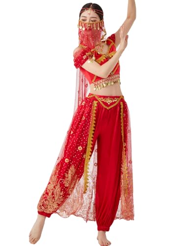 COWINTIC Bauchtanz-Prinzessin-Kostüm – Aladdin-Jasmin-Cosplay-Outfits, Halloween-Party, rot-blaugrünes Kostüm für Damen/Teenager, Rot/Ausflug, einfarbig (Getaway Solids), 8-10 von COWINTIC