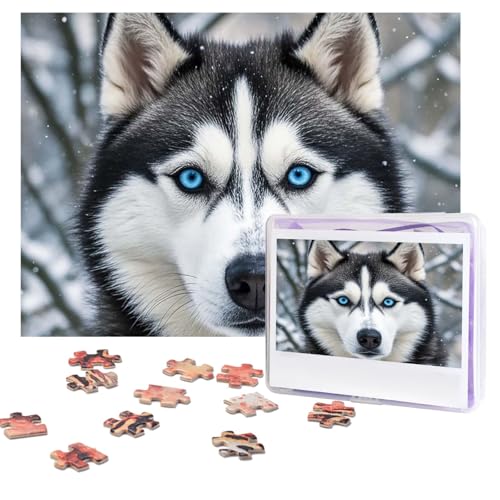 Blauäugiges Husky-Puzzle, 500 Teile, personalisiertes Puzzle mit Aufbewahrungstasche, Foto-Puzzle für Erwachsene, anspruchsvolles Bilderpuzzle für Männer und Frauen, Heimdekoration (52 x 38 cm) von COWMGHLDFL
