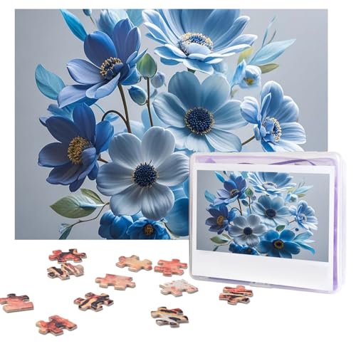 Blaue abstrakte Blumen-Puzzles, 500 Teile, personalisiertes Puzzle mit Aufbewahrungstasche, Foto-Puzzle für Erwachsene, anspruchsvolles Bilderpuzzle für Männer und Frauen, Heimdekoration (52 x 38 cm) von COWMGHLDFL