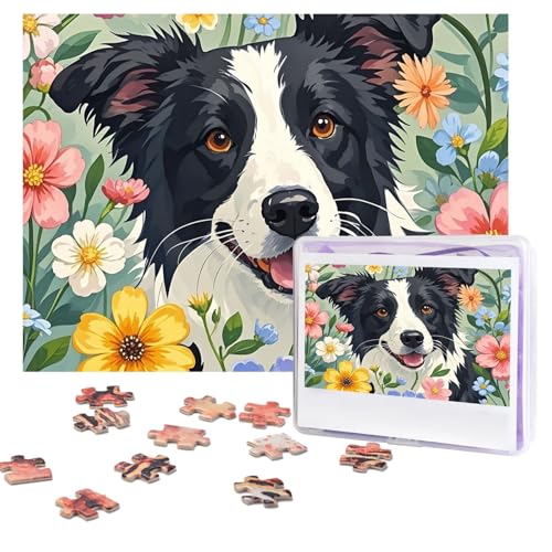 Border Collie Blumen-Puzzle, 500 Teile, personalisiertes Puzzle mit Aufbewahrungstasche, Foto-Puzzle für Erwachsene, anspruchsvolles Bilderpuzzle für Männer und Frauen, Heimdekoration (52 x 38 cm) von COWMGHLDFL