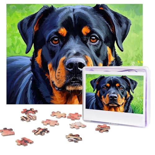 Cooles Rottweiler-Hunde-Kunst-Puzzle, 500 Teile, personalisiertes Puzzle mit Aufbewahrungstasche, Foto-Puzzle für Erwachsene, anspruchsvolles Bilderpuzzle für Männer und Frauen, Heimdekoration (52 x von COWMGHLDFL