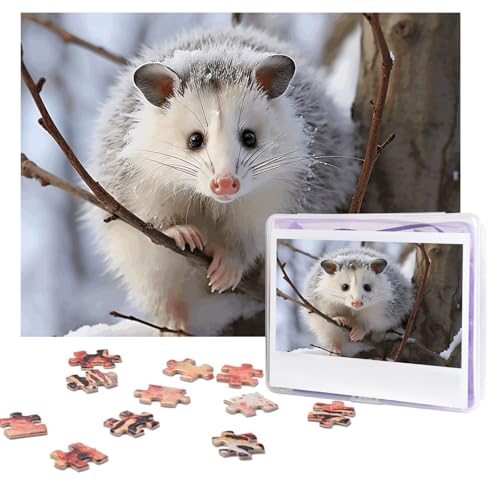 Opossum im Schnee, 500 Teile, personalisiertes Puzzle mit Aufbewahrungstasche, Foto-Puzzle für Erwachsene, anspruchsvolles Bilderpuzzle für Männer und Frauen, Heimdekoration (52 x 38 cm) von COWMGHLDFL