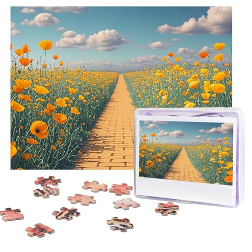 Poppies Field Yellow Brick Road Puzzles 500 Teile, personalisierte Puzzles mit Aufbewahrungstasche, Foto-Puzzle für Erwachsene, anspruchsvolles Bilderpuzzle für Männer und Frauen, Heimdekoration (52 x von COWMGHLDFL