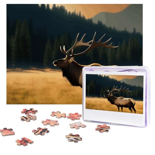 Puzzle Elch auf der Wiese, 500 Teile, personalisierbar, mit Aufbewahrungstasche, Foto-Puzzle für Erwachsene, anspruchsvolles Bilderpuzzle für Männer und Frauen, Heimdekoration (52 x 38 cm) von COWMGHLDFL