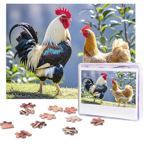Puzzle mit Hahn- und Hennenmotiv, personalisierbar, mit Aufbewahrungstasche, Foto-Puzzle für Erwachsene, anspruchsvolles Bilderpuzzle für Männer und Frauen, Heimdekoration (52 x 38 cm) von COWMGHLDFL