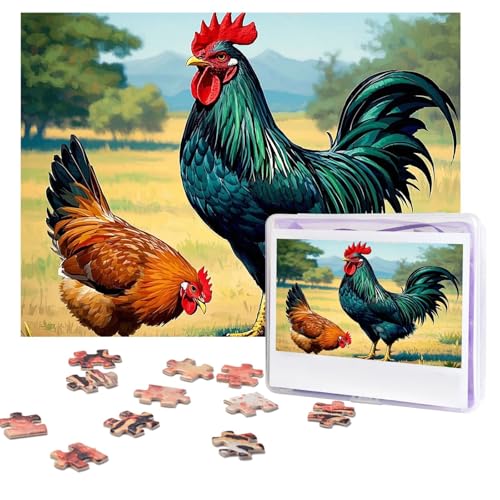 Puzzle mit Huhn und Hahn, 500 Teile, personalisiertes Puzzle mit Aufbewahrungstasche, Foto-Puzzle für Erwachsene, anspruchsvolles Bilderpuzzle für Männer und Frauen, Heimdekoration (52 x 38 cm) von COWMGHLDFL