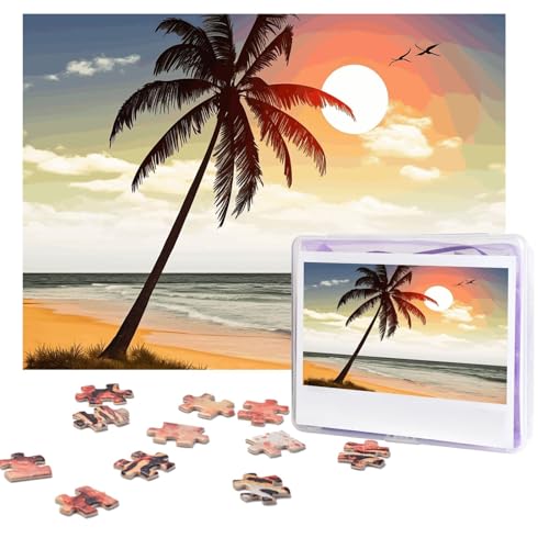 Puzzle mit Palme am Strand, 500 Teile, personalisierbar, mit Aufbewahrungstasche, Foto-Puzzle für Erwachsene, anspruchsvolles Bilderpuzzle für Männer und Frauen, Heimdekoration (52 x 38 cm) von COWMGHLDFL