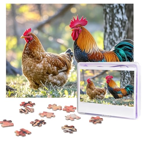 Schönes Hahn Henne Puzzles 500 Teile, personalisiertes Puzzle mit Aufbewahrungstasche, Foto-Puzzle für Erwachsene, anspruchsvolles Bilderpuzzle für Männer und Frauen, Heimdekoration (52 x 38 cm) von COWMGHLDFL