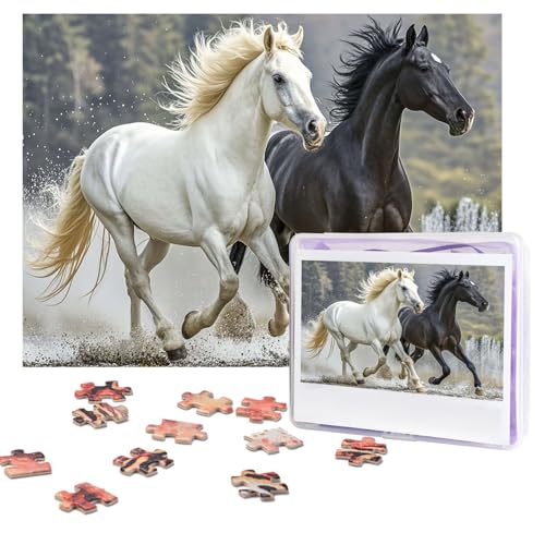 Schwarze und weiße Pferde, Laufpuzzle, 500 Teile, personalisiertes Puzzle mit Aufbewahrungstasche, Foto-Puzzle für Erwachsene, anspruchsvolles Bilderpuzzle für Männer und Frauen, Heimdekoration (52 x von COWMGHLDFL