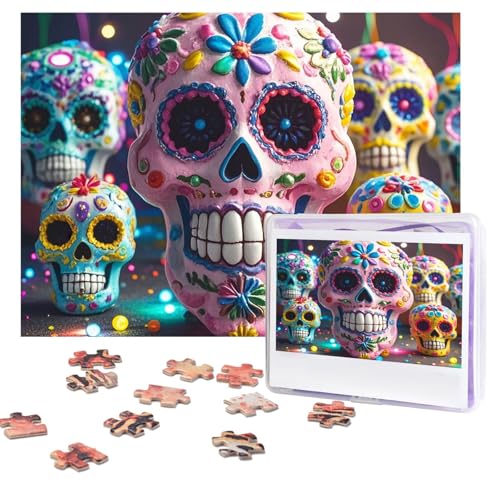 Sugar Skulls Puzzles, 500 Teile, personalisiertes Puzzle mit Aufbewahrungstasche, Foto-Puzzle für Erwachsene, anspruchsvolles Bilderpuzzle für Männer und Frauen, Heimdekoration (52 x 38 cm) von COWMGHLDFL