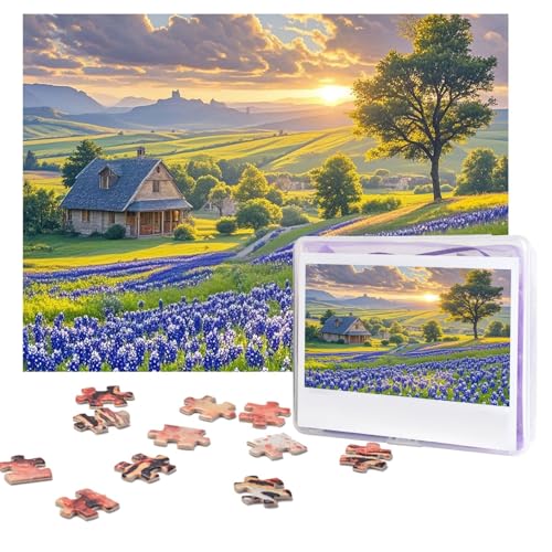 Texas Bluebonnets Landschafts-Puzzle, 500 Teile, personalisiertes Puzzle mit Aufbewahrungstasche, Foto-Puzzle für Erwachsene, anspruchsvolles Bilderpuzzle für Männer und Frauen, Heimdekoration (52 x von COWMGHLDFL