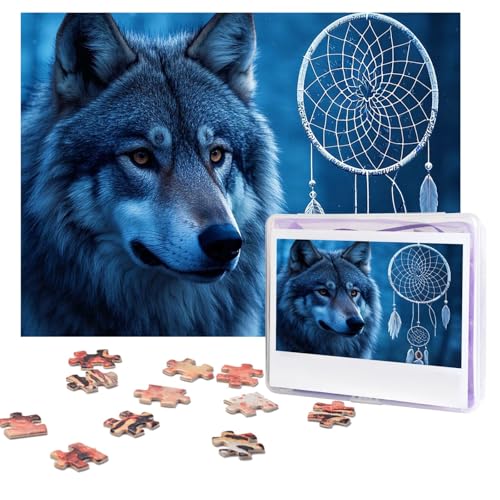 Wölfe und Traumfänger-Puzzles, 500 Teile, personalisiertes Puzzle mit Aufbewahrungstasche, Foto-Puzzle für Erwachsene, anspruchsvolles Bilderpuzzle für Männer und Frauen, Heimdekoration (52 x 38 cm) von COWMGHLDFL
