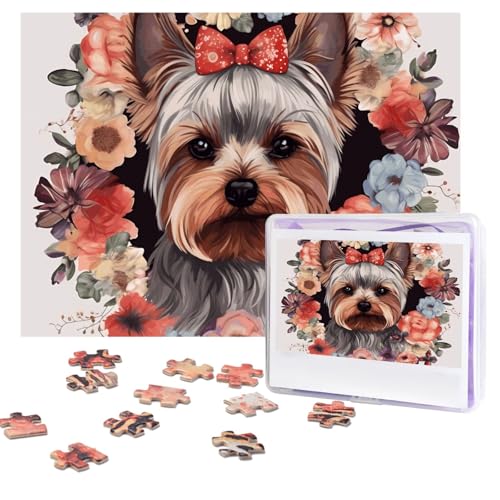 Yorkie-Blumen-Puzzle, 500 Teile, personalisiertes Puzzle mit Aufbewahrungstasche, Foto-Puzzle für Erwachsene, anspruchsvolles Bilderpuzzle für Männer und Frauen, Heimdekoration (52 x 38 cm) von COWMGHLDFL