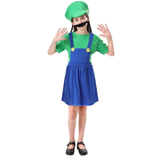 COXNSXX Super Klempner Kostüm Kindheit Videospiel Rollenspiel Dame/Mädchen Kostüm mit Hut und Bart für Mardi Gras und Cosplay von COXNSXX