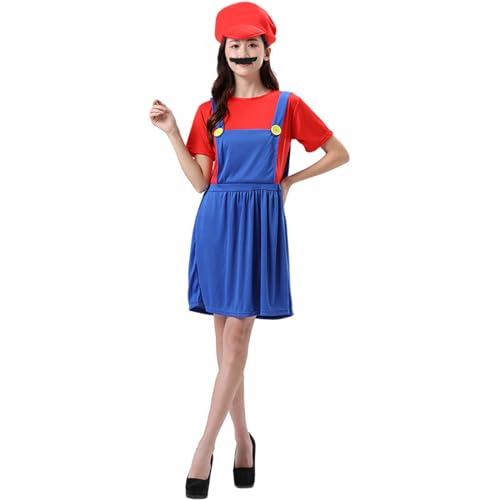 COXNSXX Super Klempner Kostüm Kindheit Videospiel Rollenspiel Dame/Mädchen Kostüm mit Hut und Bart für Mardi Gras und Cosplay von COXNSXX