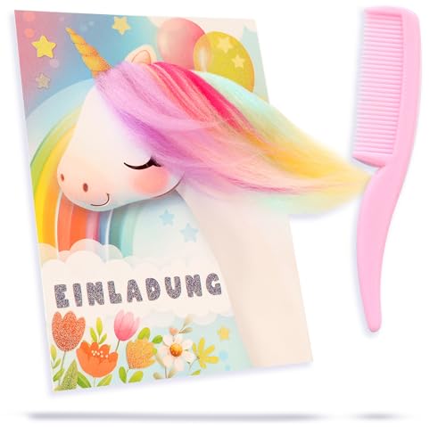 8X Magische Einhorn Einladungskarten – mit echter, bunter Mähne zum Kämmen & Stylen! Kindergeburtstag Einladungen inkl. Kämme & Umschläge – für Einhorn Party & Mädchen von NiLiNo