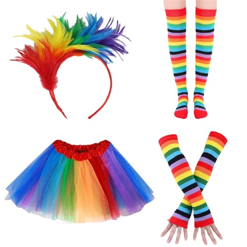 Ayizhiniu 4pcs Tüllrock Damen Regenbogen, Karneval Tüllrock Regenbogen, Bunte Feder Haarbänder, Bunt Kniestrümpfe Fingerlose Handschuhe, Anwendbar auf Karnevals Maskerade Show Bekleidung Ayizhiniu 4pcs Tüllrock Damen Regenbogen, Karneval Tüllrock Regenbogen, Bunte Feder Haarbänder, Bunt Kniestrümpfe Fingerlose Handschuhe, Anwendbar auf Karnevals Maskerade Show Bekleidung von COXZD