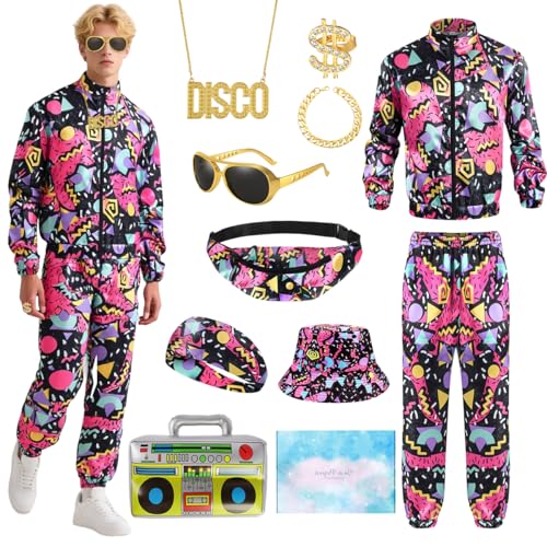 COYBTO 80er Jahre Outfit Herren, 80er Trainingsanzug mit 80er Jahre Accessoires, 80er Jahre Kostüm, 70er 80er Sportbekleidung für Herren, 70er Jahre Bekleidung für Karneval Cosplay (Rot, M) von COYBTO