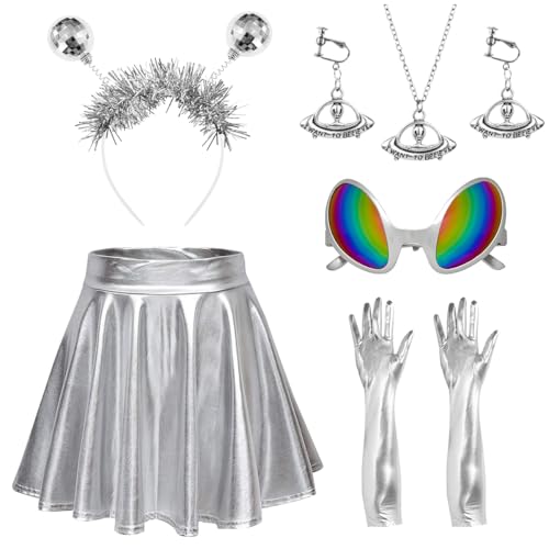 COYBTO Alien Kostüm Set für Mädchen: Silbernes Alien Kostüm mit Zubehör für 4-8 Jahre, Ideal für Halloween, Karneval & Party, Inkl. Alien Brille, Handschuhe, Stirnband & Ohrringe (130) von COYBTO