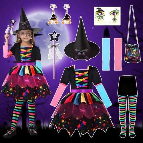 COYBTO Hexenkostüm Mädchen, Halloween Kostüm Kinder Mädchen Hexenkostüm Deluxe Set mit Zauberhut, Kinderkostüm Bunte Hexen Cosplay Kostüm, Hexen Halloween Kostüm Kleid für Halloween Karneval (120cm) COYBTO Hexenkostüm Mädchen, Halloween Kostüm Kinder Mädchen Hexenkostüm Deluxe Set mit Zauberhut, Kinderkostüm Bunte Hexen Cosplay Kostüm, Hexen Halloween Kostüm Kleid für Halloween Karneval (120cm) von COYBTO
