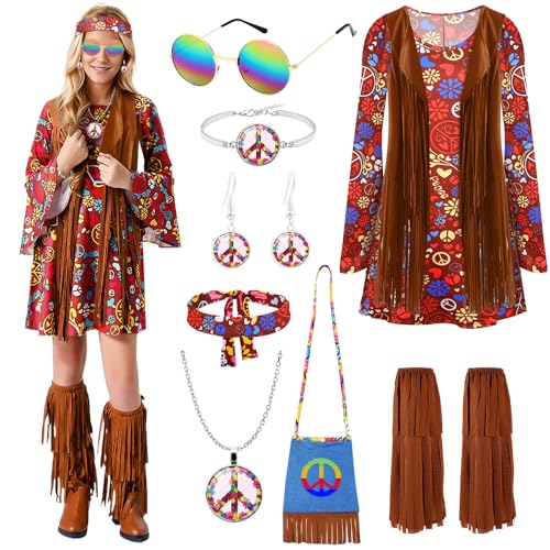 COYBTO Hippie Kostüm Damen, 70er Jahre Bekleidung mit Hippie Kleid Hippie Weste Hippie Accessoires, Karneval Kostüm Damen, 60er 70er Jahre Kostüm Hippie Kleidung für Cosplay Party (1, L) von COYBTO